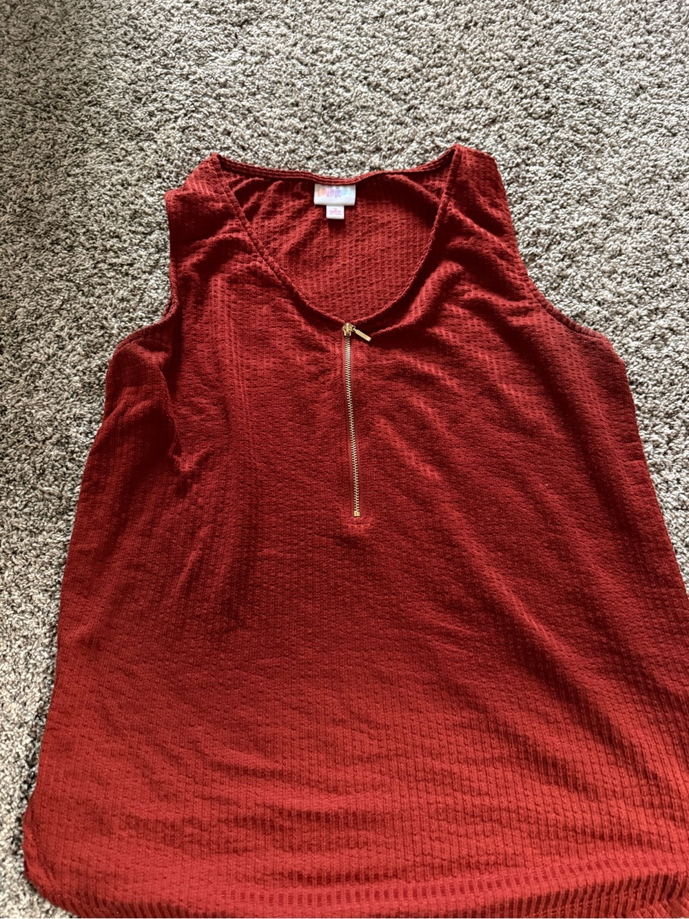 LuLaRoe Brick Red Waffle Knit Tank with Gold Zip